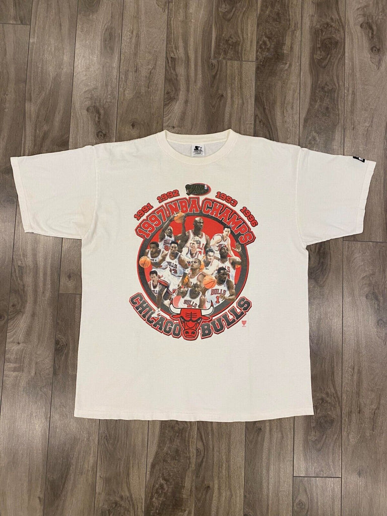 VINTAGE Chicago Bulls 1997 NBA Champions T Shirt Mens Large White Starter 90s